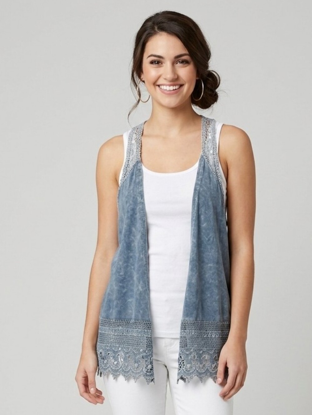 Daytrip Blue Lace-Trim Open Front Sweater Vest